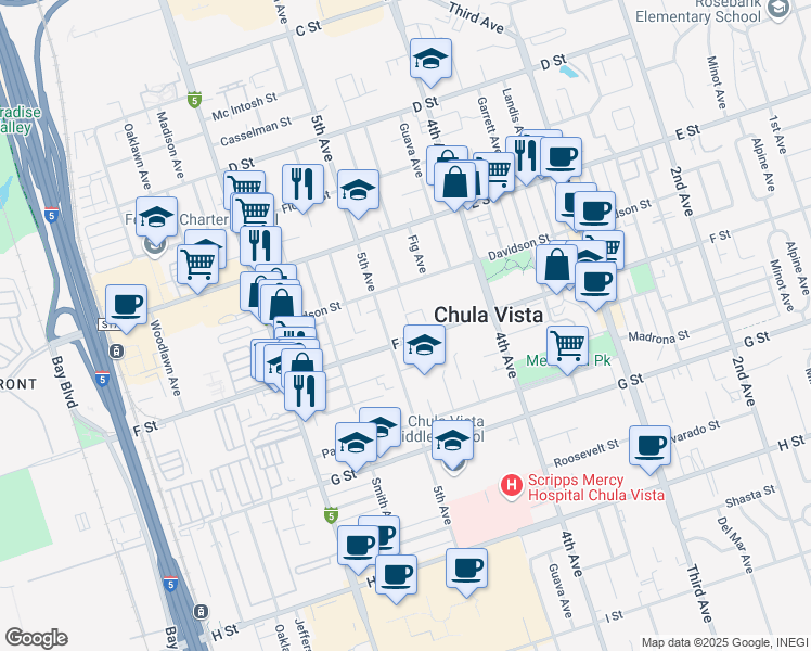 map of restaurants, bars, coffee shops, grocery stores, and more near 479 F Street in Chula Vista