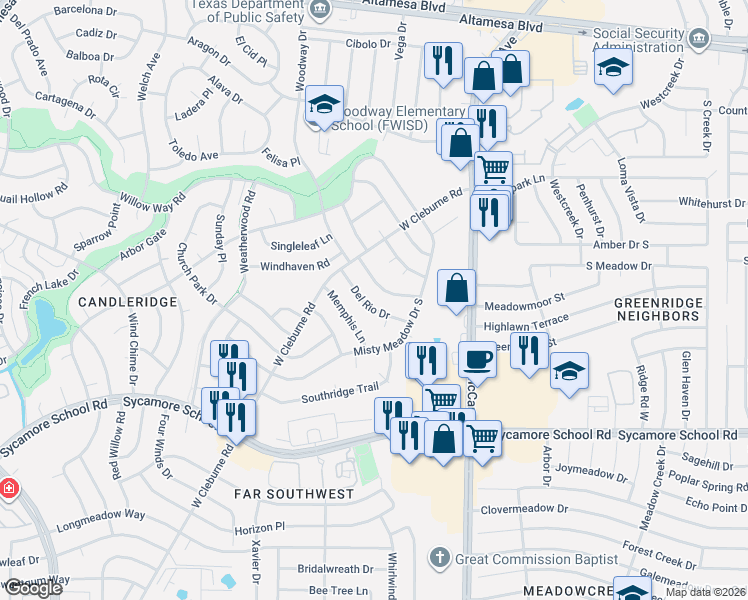 map of restaurants, bars, coffee shops, grocery stores, and more near 3701 Holly Spring Drive in Fort Worth