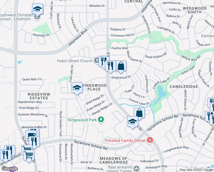 map of restaurants, bars, coffee shops, grocery stores, and more near 7320 South Hulen Street in Fort Worth
