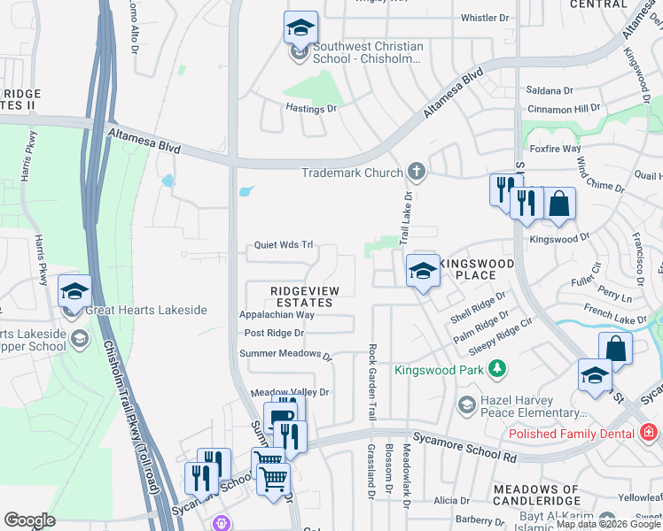 map of restaurants, bars, coffee shops, grocery stores, and more near 7108 Water Meadows Drive in Fort Worth