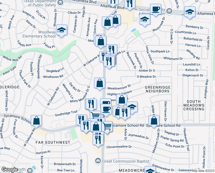 map of restaurants, bars, coffee shops, grocery stores, and more near 3418 Meadowmoor Street in Fort Worth