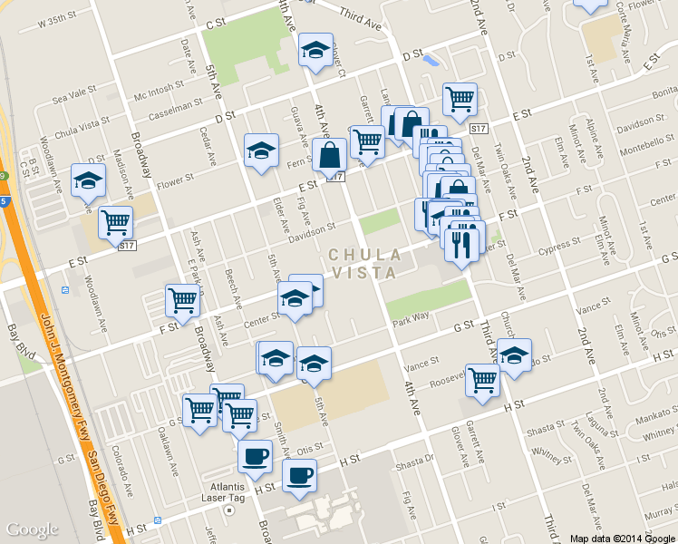 map of restaurants, bars, coffee shops, grocery stores, and more near 447 F Street in Chula Vista