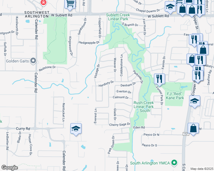 map of restaurants, bars, coffee shops, grocery stores, and more near 6500 Fannin Farm Way in Arlington