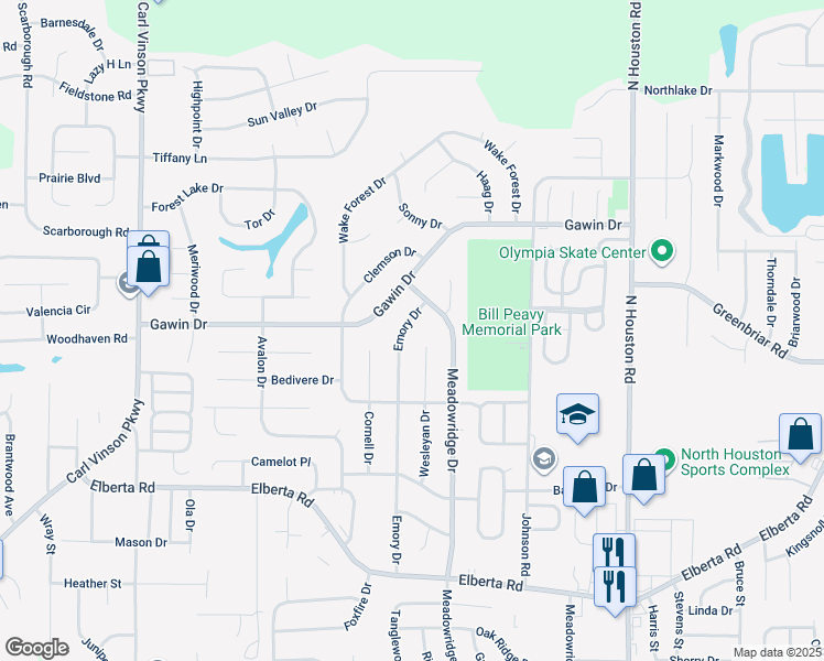 map of restaurants, bars, coffee shops, grocery stores, and more near 317 Emory Drive in Warner Robins