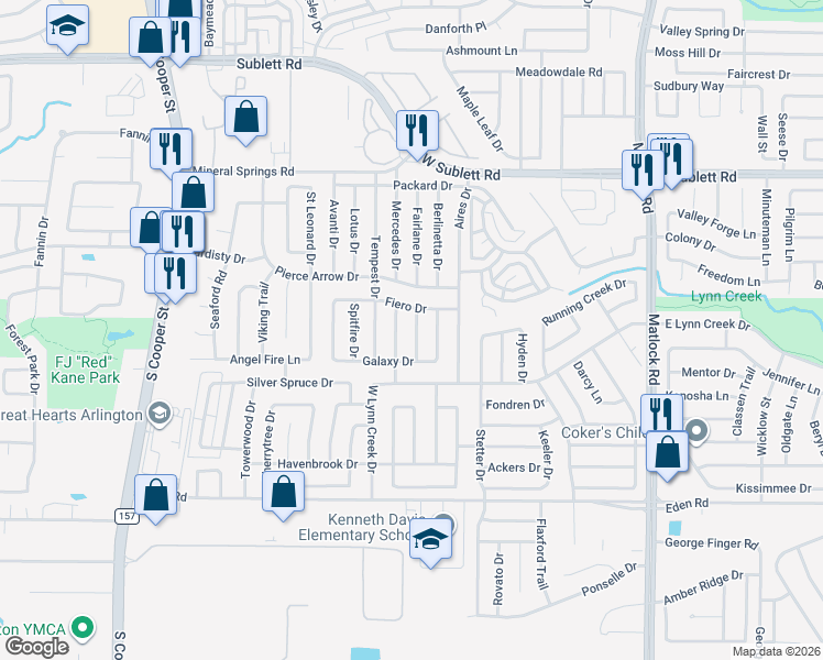 map of restaurants, bars, coffee shops, grocery stores, and more near 6505 Impala Drive in Arlington