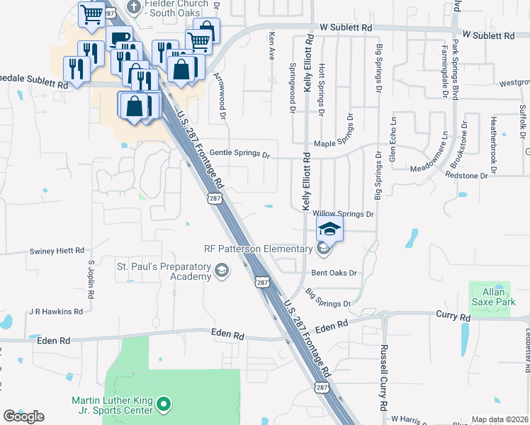 map of restaurants, bars, coffee shops, grocery stores, and more near 6707 U.S. 287 Frontage Road in Arlington