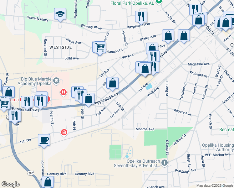 map of restaurants, bars, coffee shops, grocery stores, and more near 1600-1698 Highway 15 in Opelika