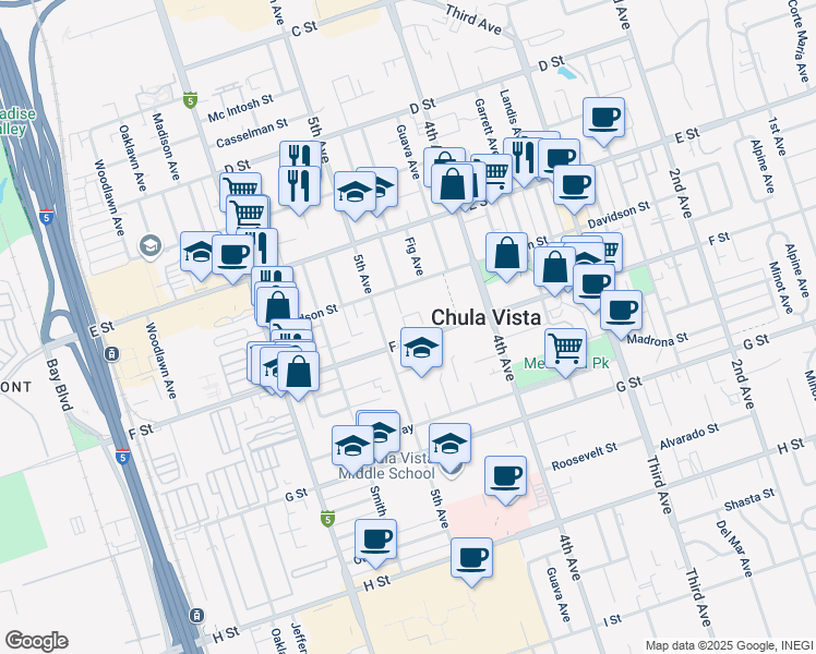 map of restaurants, bars, coffee shops, grocery stores, and more near 479 F Street in Chula Vista