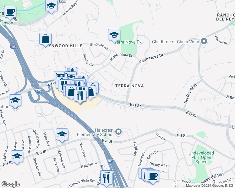 map of restaurants, bars, coffee shops, grocery stores, and more near 480 Belle Vista Drive in Chula Vista