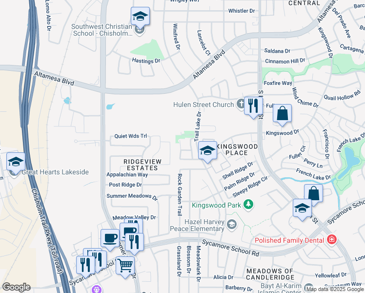 map of restaurants, bars, coffee shops, grocery stores, and more near 5204 Mountain Spring Trail in Fort Worth