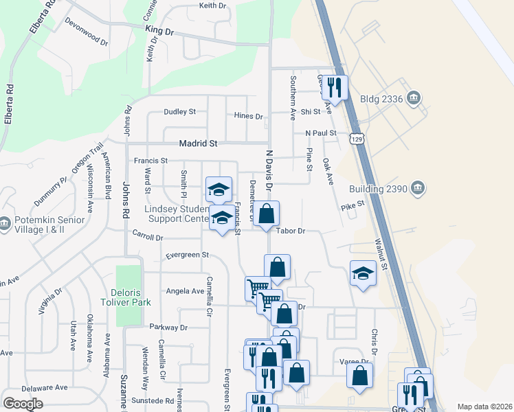 map of restaurants, bars, coffee shops, grocery stores, and more near 713 North Davis Drive in Warner Robins