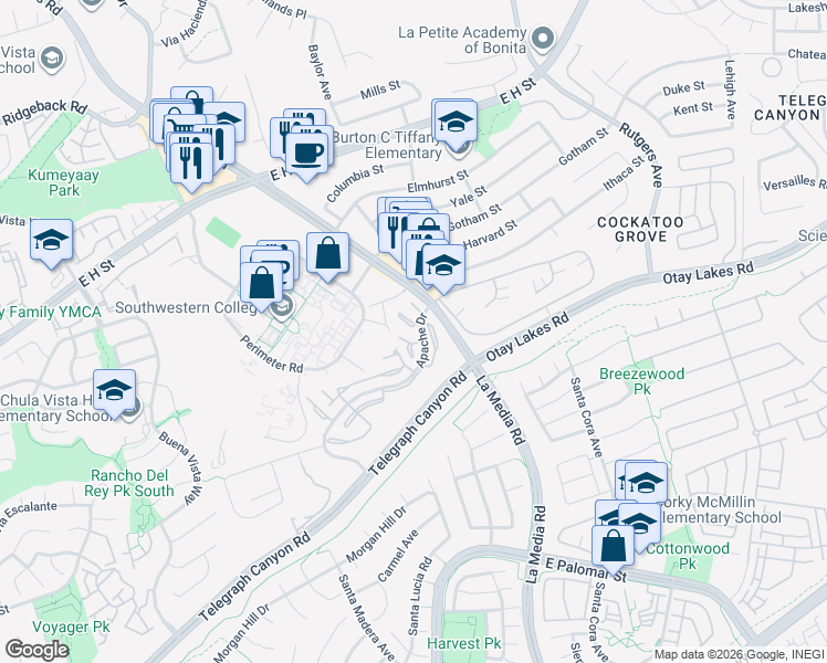 map of restaurants, bars, coffee shops, grocery stores, and more near 1567 Apache Drive in Chula Vista