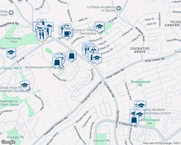 map of restaurants, bars, coffee shops, grocery stores, and more near 1567 Apache Drive in Chula Vista