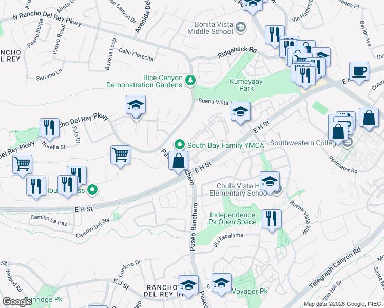 map of restaurants, bars, coffee shops, grocery stores, and more near 1220 Paseo Magda in Chula Vista