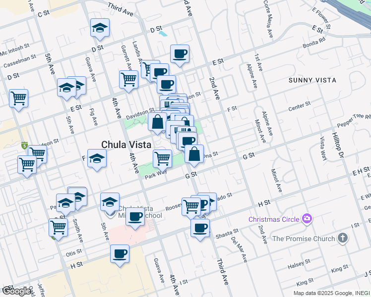 map of restaurants, bars, coffee shops, grocery stores, and more near 347 3rd Avenue in Chula Vista
