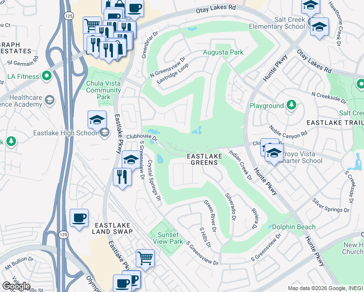 map of restaurants, bars, coffee shops, grocery stores, and more near 2323 Palomira Court in Chula Vista