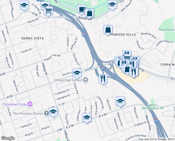 map of restaurants, bars, coffee shops, grocery stores, and more near 590 Carvalos Drive in Chula Vista