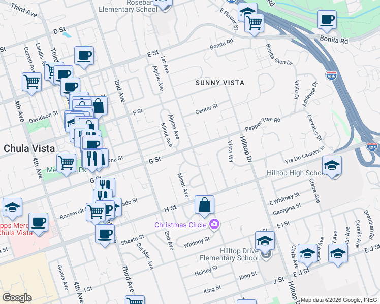 map of restaurants, bars, coffee shops, grocery stores, and more near 102 G Street in Chula Vista