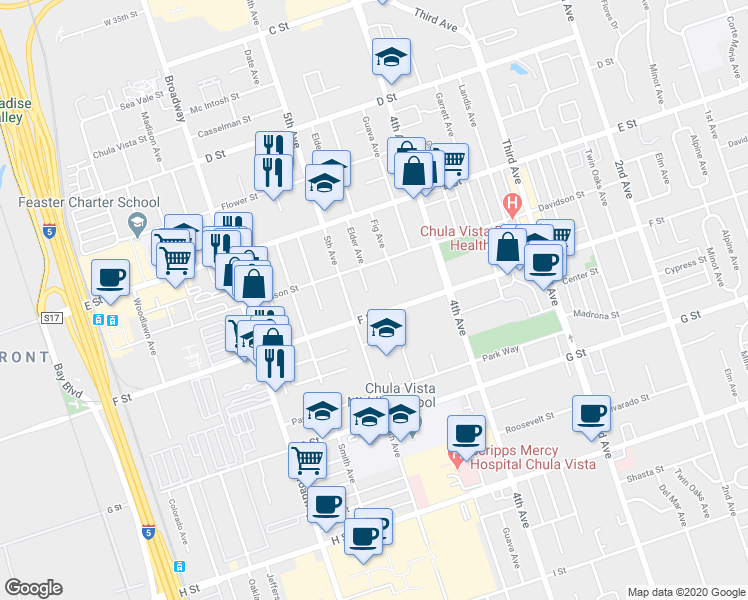 map of restaurants, bars, coffee shops, grocery stores, and more near 479 F Street in Chula Vista