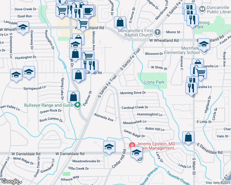 map of restaurants, bars, coffee shops, grocery stores, and more near 1122 San Miguel Drive in Duncanville