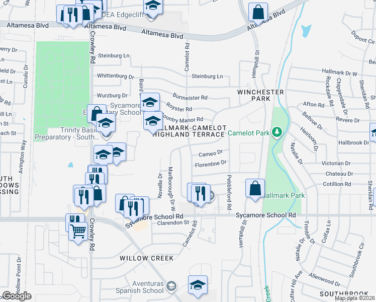 map of restaurants, bars, coffee shops, grocery stores, and more near 7301 Pinehurst Drive West in Fort Worth