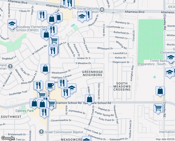 map of restaurants, bars, coffee shops, grocery stores, and more near 2001 Sandy Ridge Street in Fort Worth