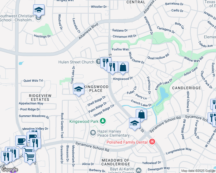 map of restaurants, bars, coffee shops, grocery stores, and more near 7320 South Hulen Street in Fort Worth