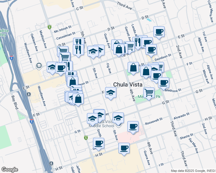map of restaurants, bars, coffee shops, grocery stores, and more near 479 F Street in Chula Vista
