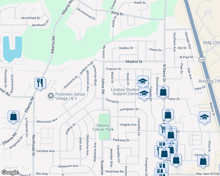 map of restaurants, bars, coffee shops, grocery stores, and more near 235 Ward Street in Warner Robins