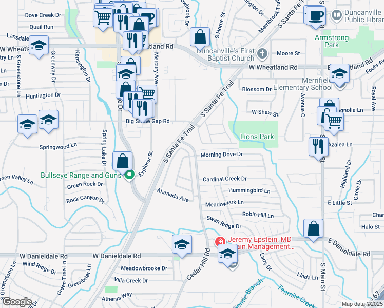 map of restaurants, bars, coffee shops, grocery stores, and more near 1122 San Miguel Drive in Duncanville