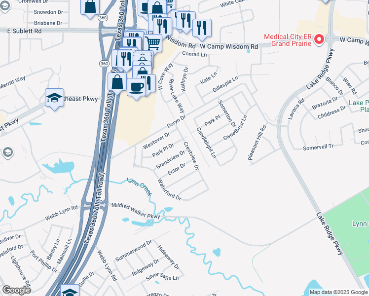 map of restaurants, bars, coffee shops, grocery stores, and more near 5856 Crestview Drive in Grand Prairie
