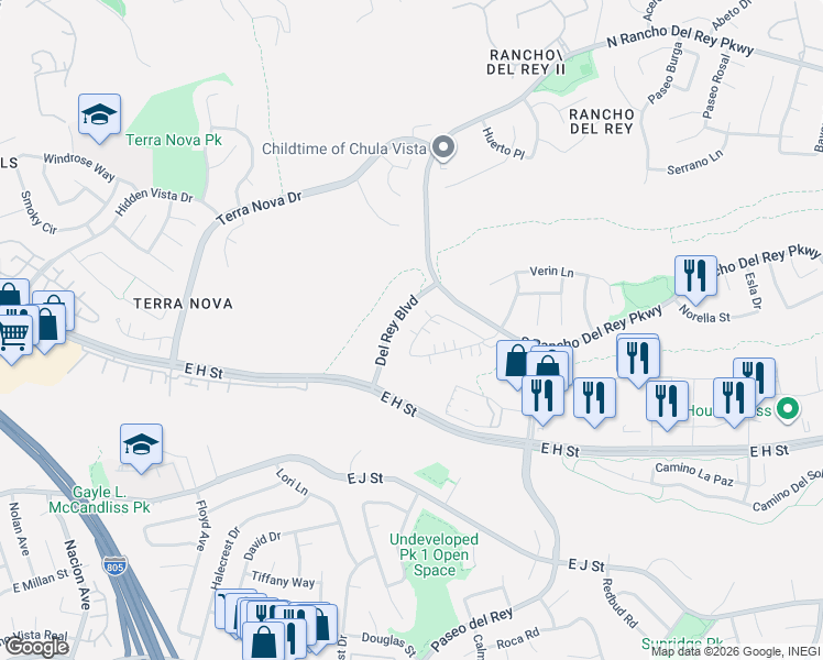 map of restaurants, bars, coffee shops, grocery stores, and more near 831 Caminito Estrella in Chula Vista