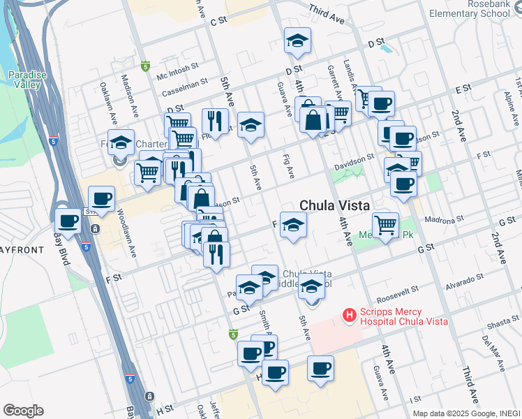 map of restaurants, bars, coffee shops, grocery stores, and more near 274 5th Avenue in Chula Vista
