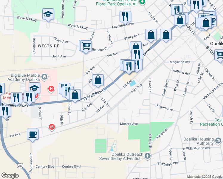 map of restaurants, bars, coffee shops, grocery stores, and more near 1611 2nd Avenue in Opelika