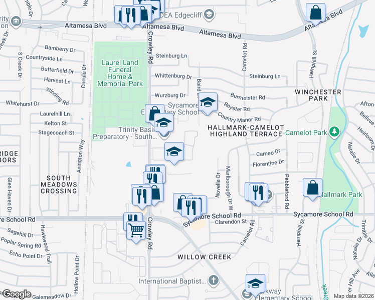 map of restaurants, bars, coffee shops, grocery stores, and more near 7232 Park West Circle in Fort Worth