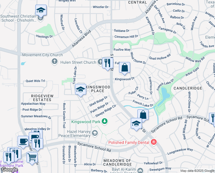 map of restaurants, bars, coffee shops, grocery stores, and more near 7320 South Hulen Street in Fort Worth
