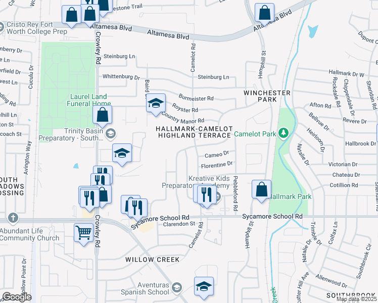 map of restaurants, bars, coffee shops, grocery stores, and more near 7301 Pinehurst Drive West in Fort Worth