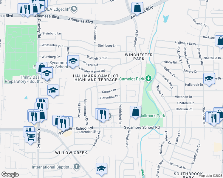 map of restaurants, bars, coffee shops, grocery stores, and more near 1216 Cameo Drive in Fort Worth