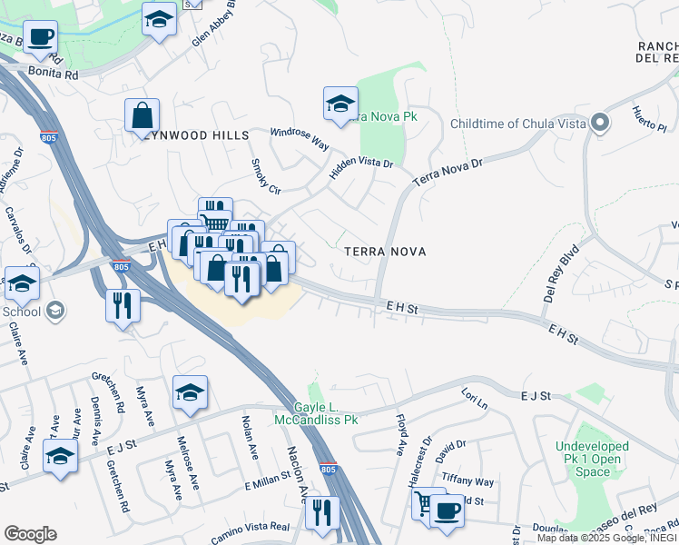 map of restaurants, bars, coffee shops, grocery stores, and more near 475 Belle Vista Drive in Chula Vista