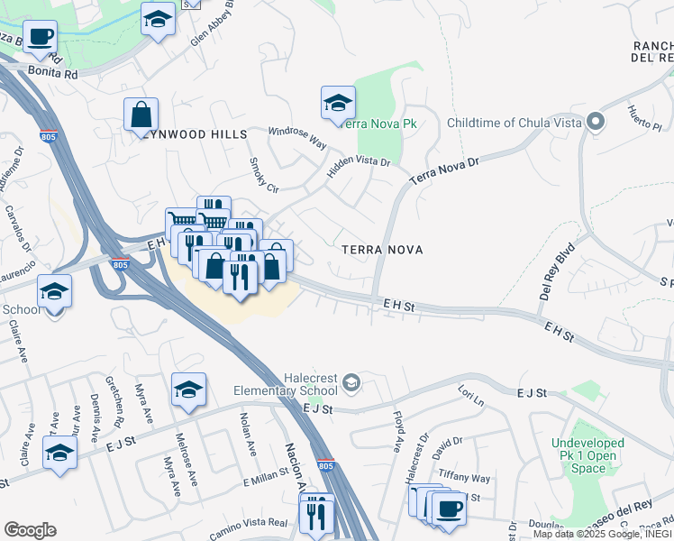 map of restaurants, bars, coffee shops, grocery stores, and more near 475 Belle Vista Drive in Chula Vista