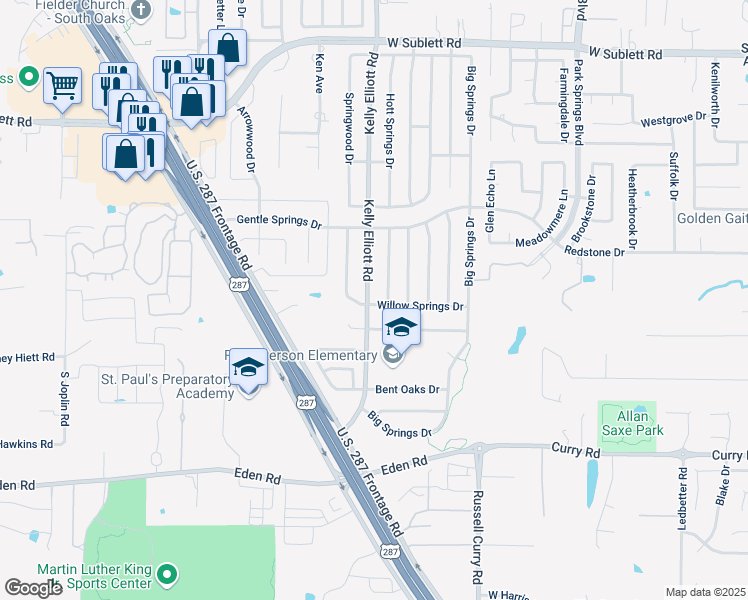 map of restaurants, bars, coffee shops, grocery stores, and more near 6418 Kelly Elliott Road in Arlington