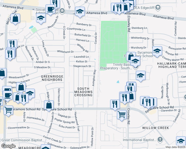 map of restaurants, bars, coffee shops, grocery stores, and more near 2300 Corral Drive in Fort Worth