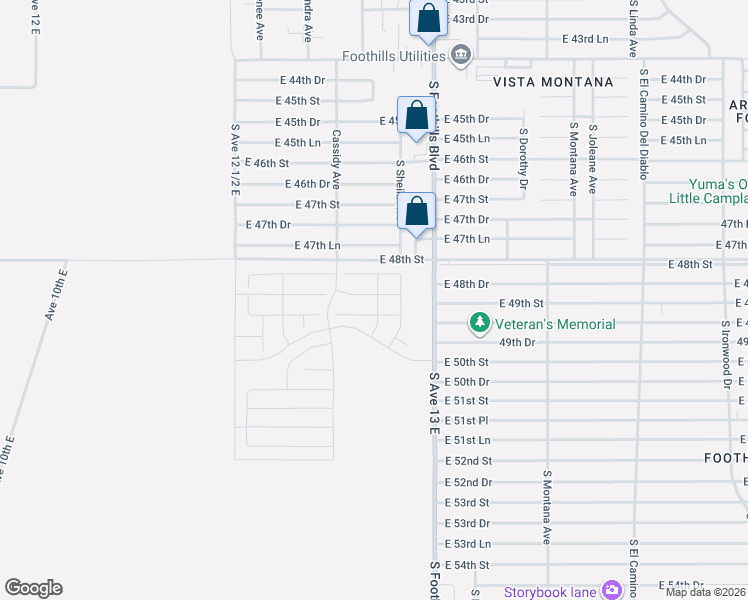 map of restaurants, bars, coffee shops, grocery stores, and more near East 48th Street in Yuma