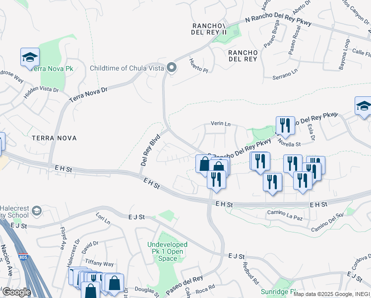 map of restaurants, bars, coffee shops, grocery stores, and more near 723 Caminito Estrella in Chula Vista