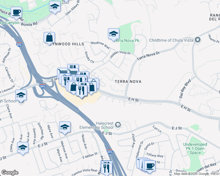 map of restaurants, bars, coffee shops, grocery stores, and more near 475 Belle Vista Drive in Chula Vista