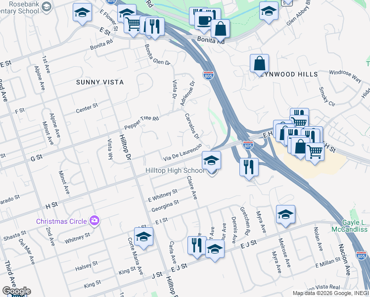 map of restaurants, bars, coffee shops, grocery stores, and more near 169 Via De Laurencio in Chula Vista
