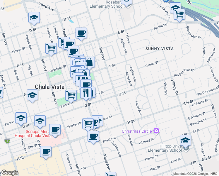map of restaurants, bars, coffee shops, grocery stores, and more near 366 2nd Avenue in Chula Vista