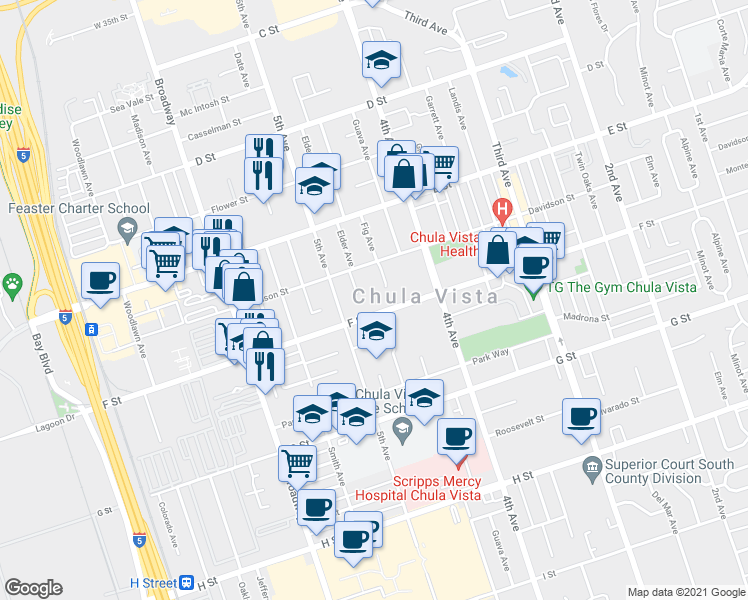 map of restaurants, bars, coffee shops, grocery stores, and more near 479 F Street in Chula Vista