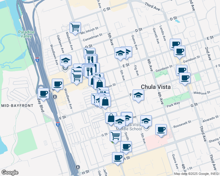 map of restaurants, bars, coffee shops, grocery stores, and more near 256 Beech Avenue in Chula Vista