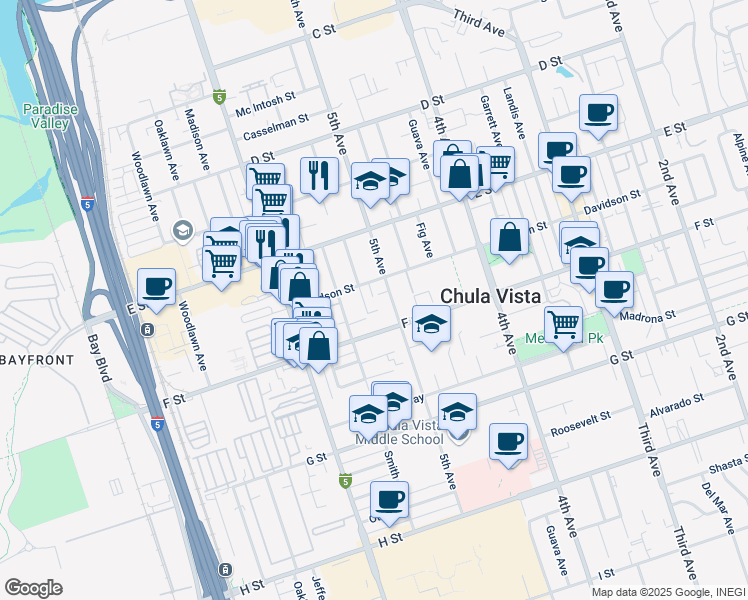 map of restaurants, bars, coffee shops, grocery stores, and more near 274 5th Avenue in Chula Vista
